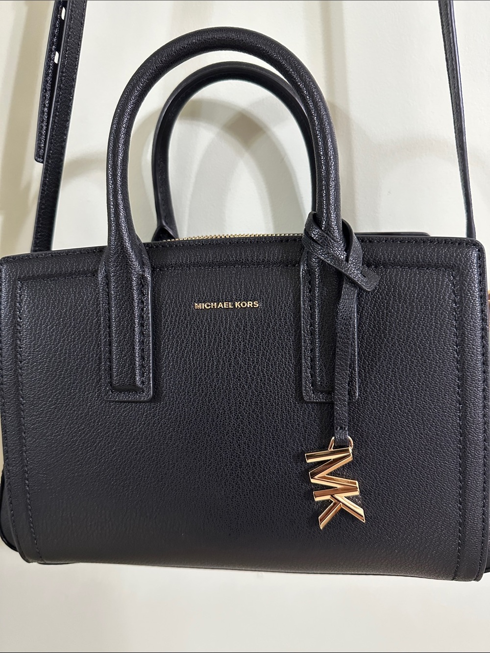 Michael Kors Black Pebbled Leather Satchel with Gold MK Charm